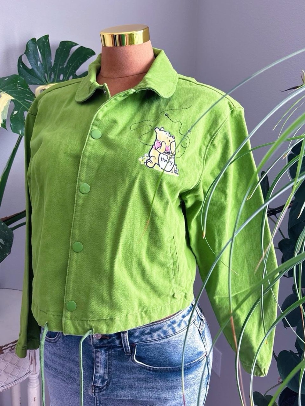 Disney Winnie the Pooh Lime Green Crop Jacket Snap Front Drawstring Women’s L